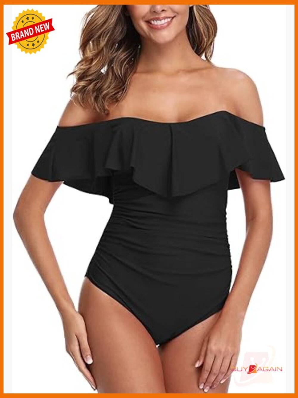 Retro One Piece Bathing Suit Tummy Control Off Shoulder Ruffle Full Coverage